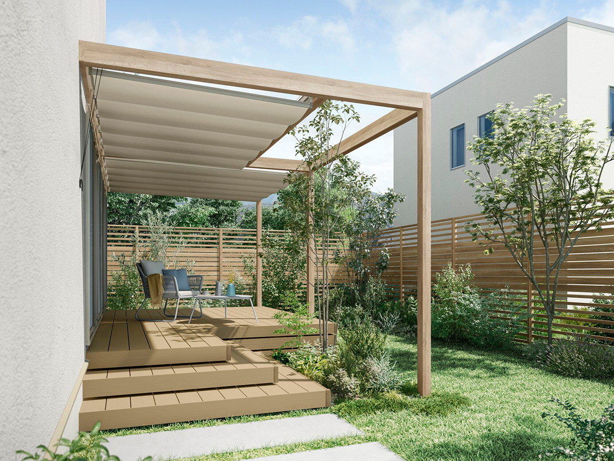 リビングテラスの屋根はシェードタイプもあり